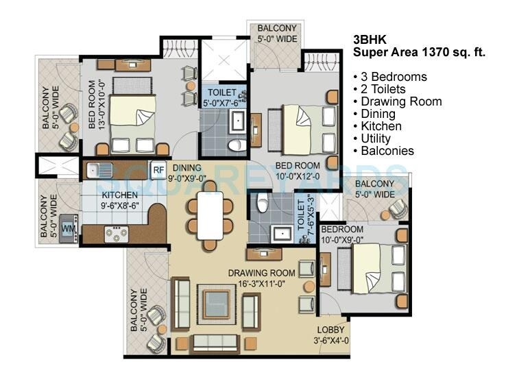 Floor plan of 3 BHK 1370 Sq. Ft. Apartment in Civitech Sampriti, Noida
