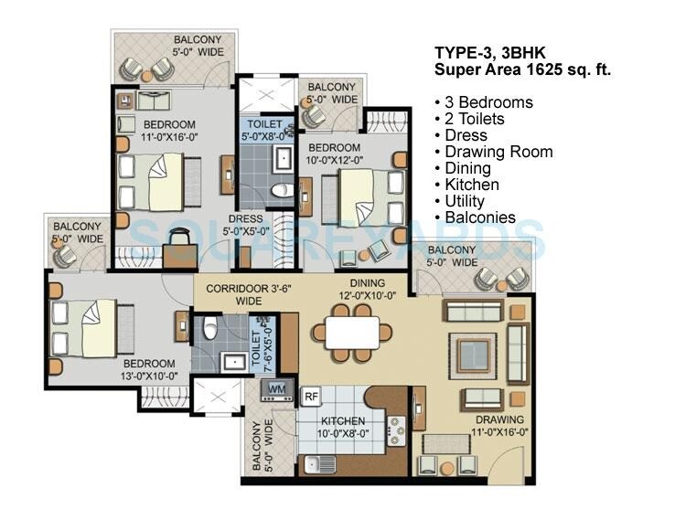 Floor plan of 3 BHK 1625 Sq. Ft. Apartment in Civitech Sampriti, Noida