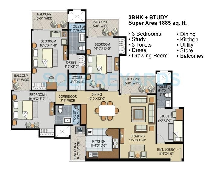 Floor plan of 3 BHK 1885 Sq. Ft. Apartment in Civitech Sampriti, Noida