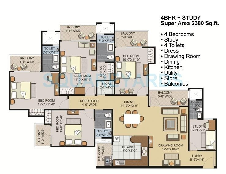 Floor plan of 4 BHK 2380 Sq. Ft. Apartment in Civitech Sampriti, Noida