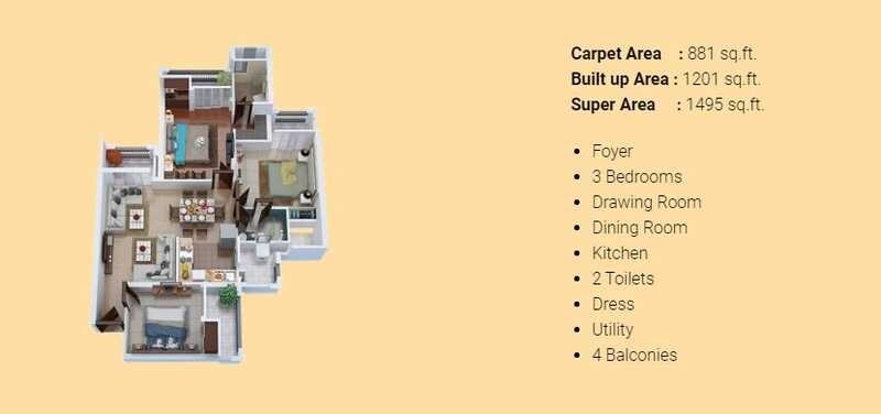 Floor plan of 3 BHK 1495 Sq. Ft. Apartment in Civitech Stadia, Noida