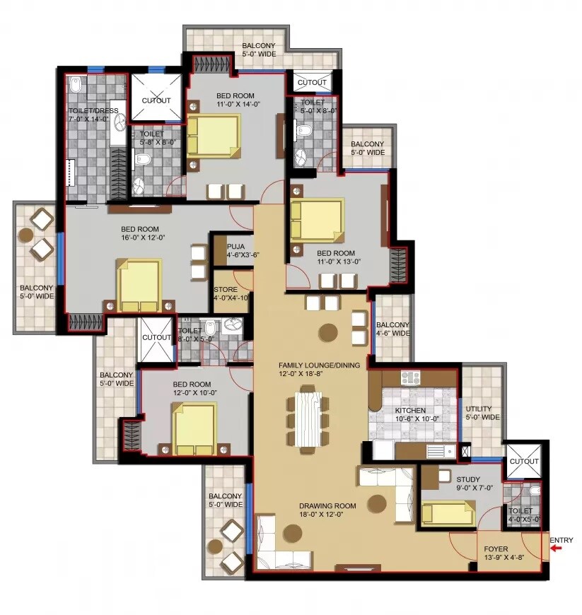Floor plan of 4 BHK 2690 Sq. Ft. Apartment in Civitech Stadia, Noida
