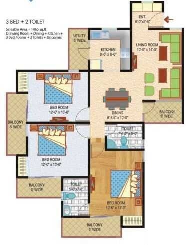 Floor plan of 3 BHK 1465 Sq. Ft. Apartment in Commanders Duo, Noida