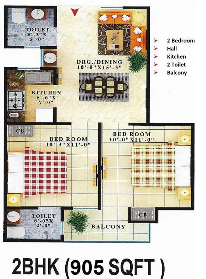 Floor plan of 2 BHK 905 Sq. Ft. Apartment in Creators Gayatri Vatika, Noida