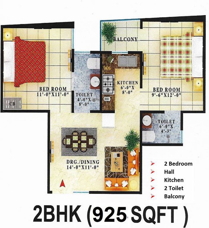 Floor plan of 2 BHK 925 Sq. Ft. Apartment in Creators Gayatri Vatika, Noida