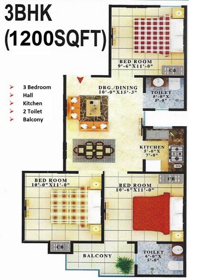 Floor plan of 3 BHK 1200 Sq. Ft. Apartment in Creators Gayatri Vatika, Noida