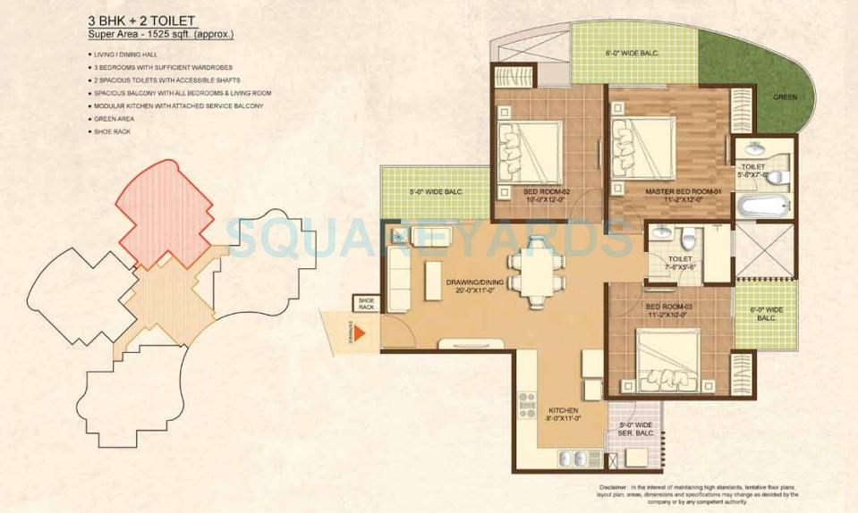 Floor plan of 3 BHK 1525 Sq. Ft. Apartment in Dasnac The Jewel, Noida