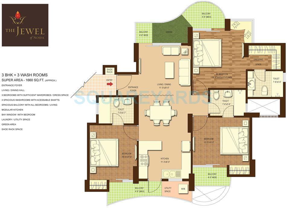 Floor plan of 3 BHK 1660 Sq. Ft. Apartment in Dasnac The Jewel, Noida