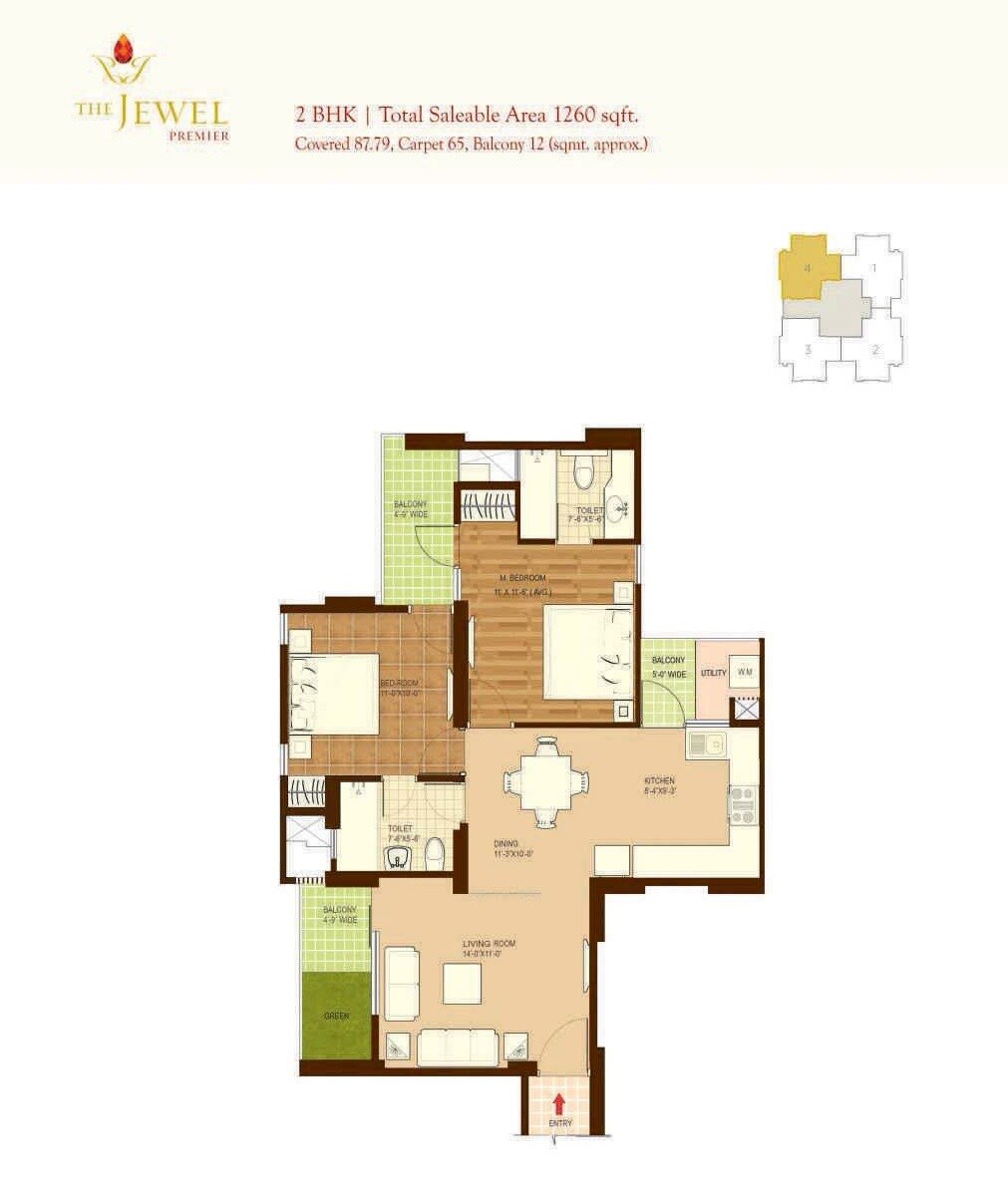 Floor plan of 2 BHK 1260 Sq. Ft. Apartment in DesignArch The Jewel of Noida, Noida