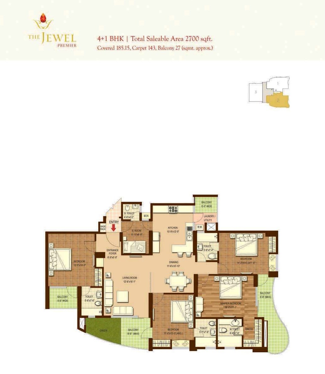 Floor plan of 4 BHK 2700 Sq. Ft. Apartment in DesignArch The Jewel of Noida, Noida
