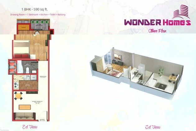Floor plan of 1 BHK Apartment - 590 sq. ft. in Dream Wonder Homes, Noida