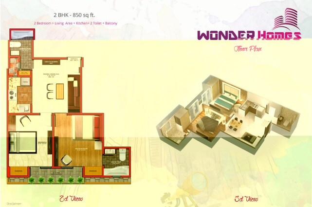 Floor plan of 2 BHK Apartment - 850 sq. ft. in Dream Wonder Homes, Noida