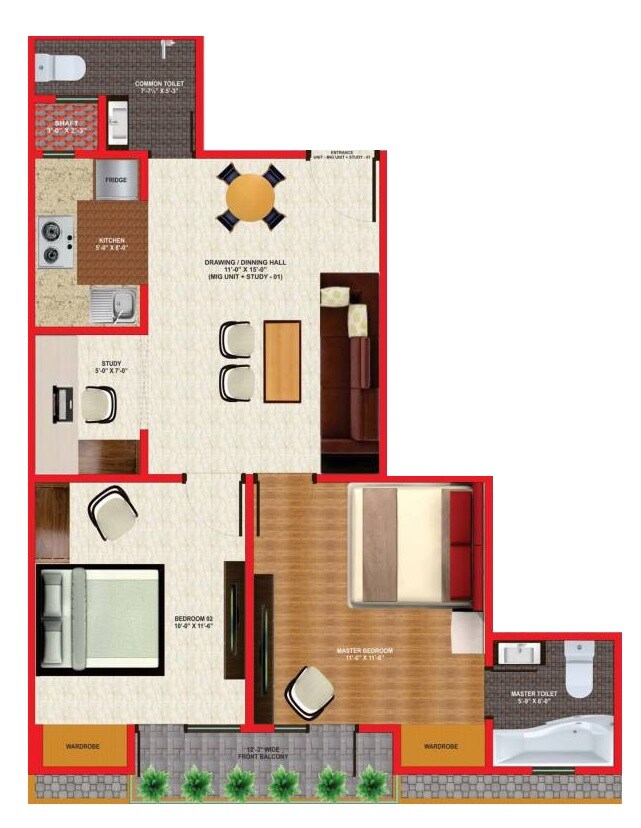 Floor plan of 2 BHK Apartment - 990 sq. ft. in Dream Wonder Homes, Noida