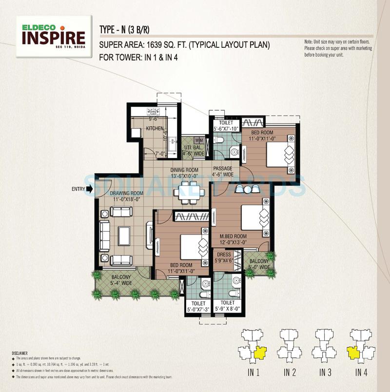 Floor plan of 3 BHK 1639 Sq. Ft. Apartment in Eldeco Inspire, Noida