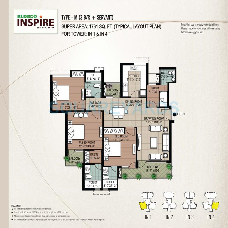 Floor plan of 3 BHK 1761 Sq. Ft. Apartment in Eldeco Inspire, Noida