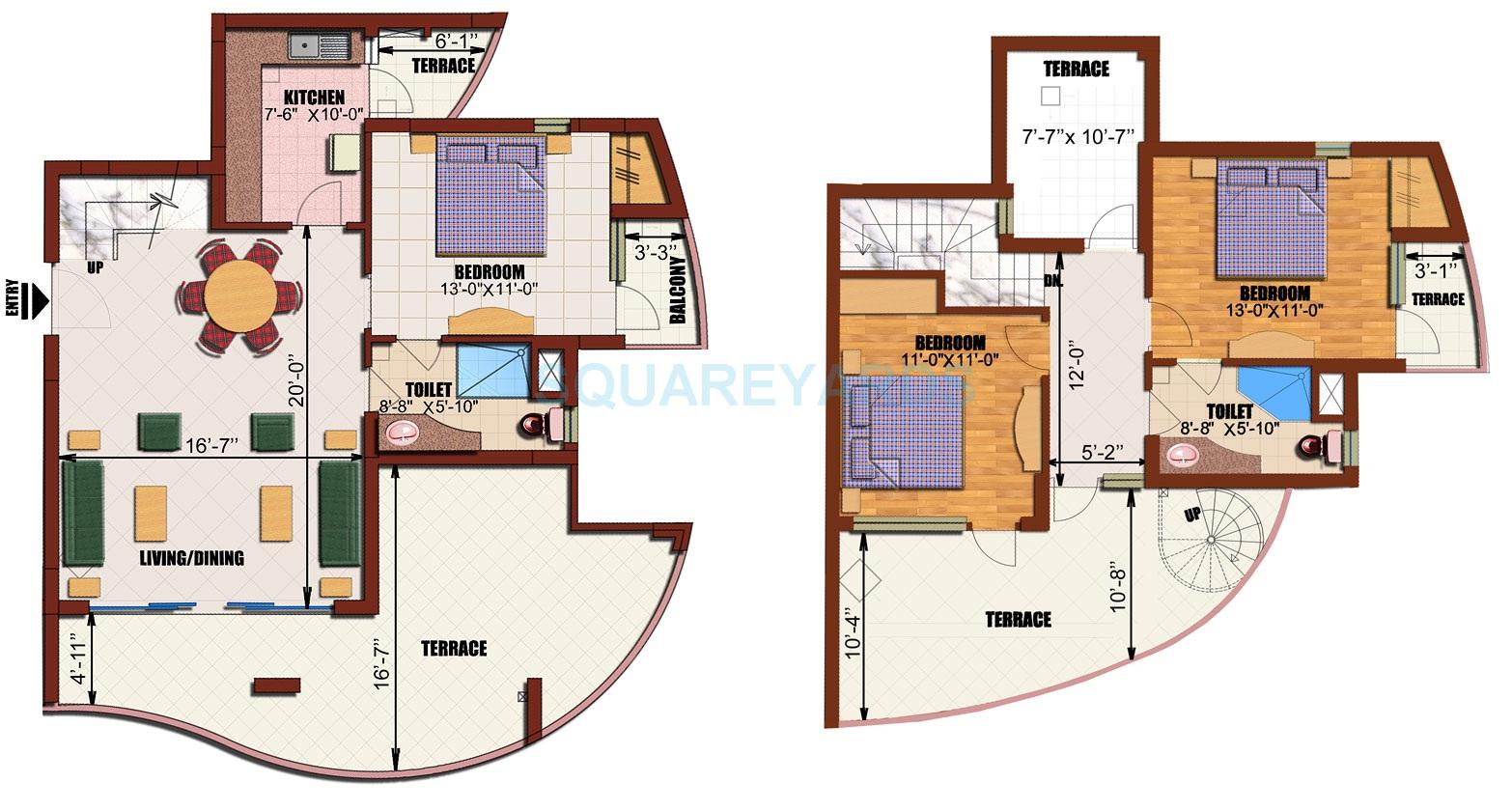 Floor plan of 3 BHK 1675 Sq. Ft. Apartment in Eldeco Utopia, Noida