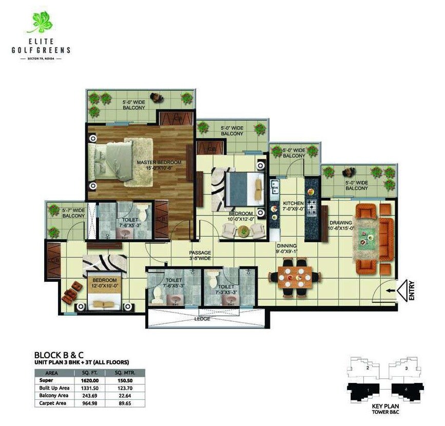  3 BHK Apartment at Elite Golf Green, Sector 79 – for Rent