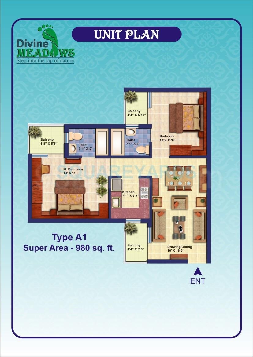 Floor plan of 2 BHK 980 Sq. Ft. Apartment in Elixir Divine Meadows, Noida