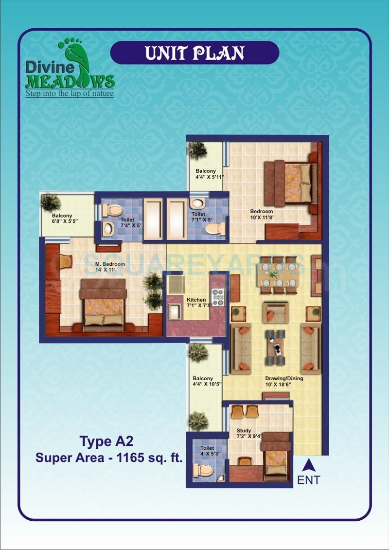 Floor plan of 2 BHK 1165 Sq. Ft. Apartment in Divine Meadows, Noida
