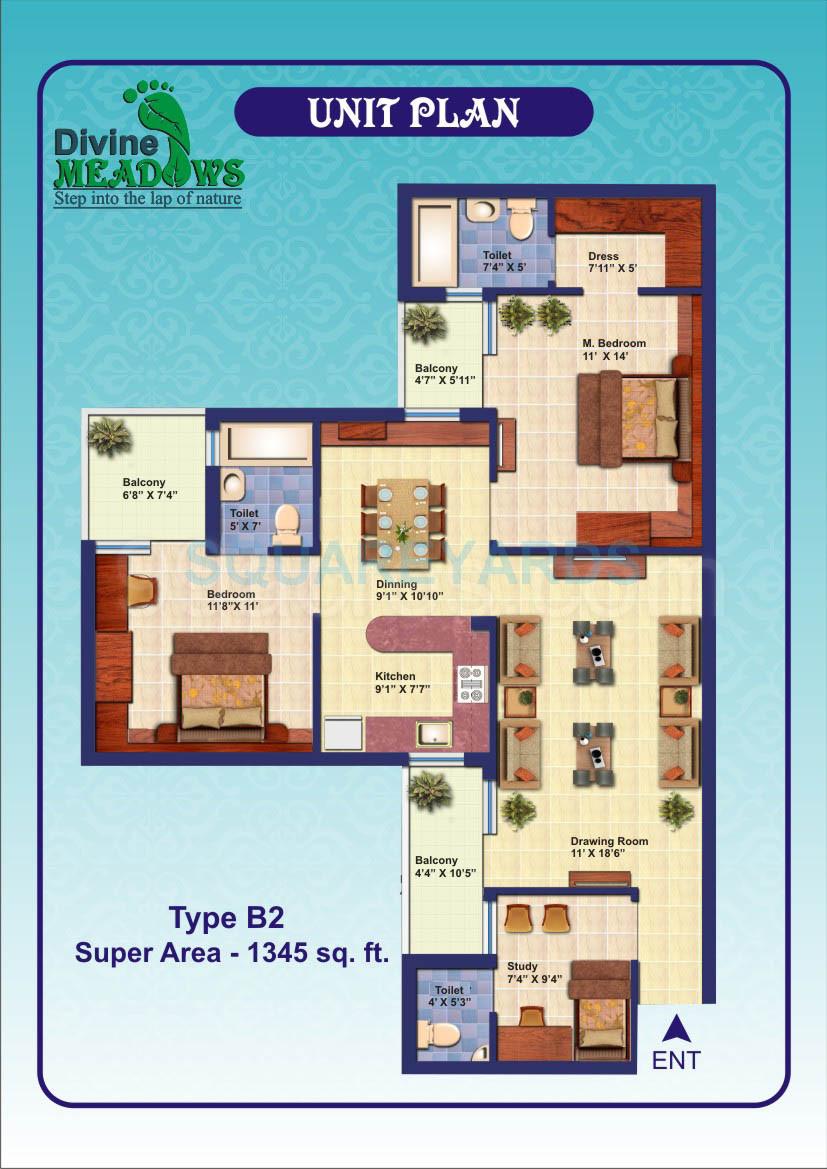 Floor plan of 2 BHK 1345 Sq. Ft. Apartment in Divine Meadows, Noida