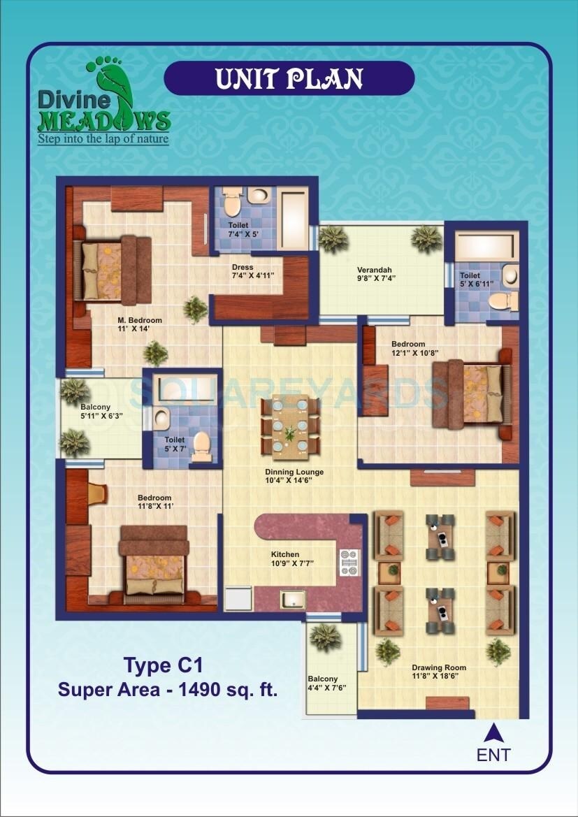 Floor plan of 3 BHK 1490 Sq. Ft. Apartment in Elixir Divine Meadows, Noida