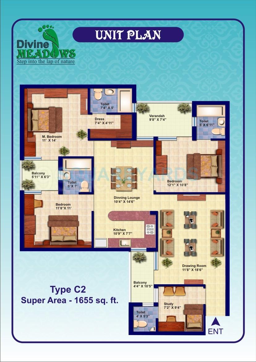 Floor plan of 3 BHK 1655 Sq. Ft. Apartment in Divine Meadows, Noida