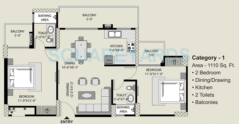 Floor plan of 2 BHK 1110 Sq. Ft. Apartment in Exotica Fresco, Noida