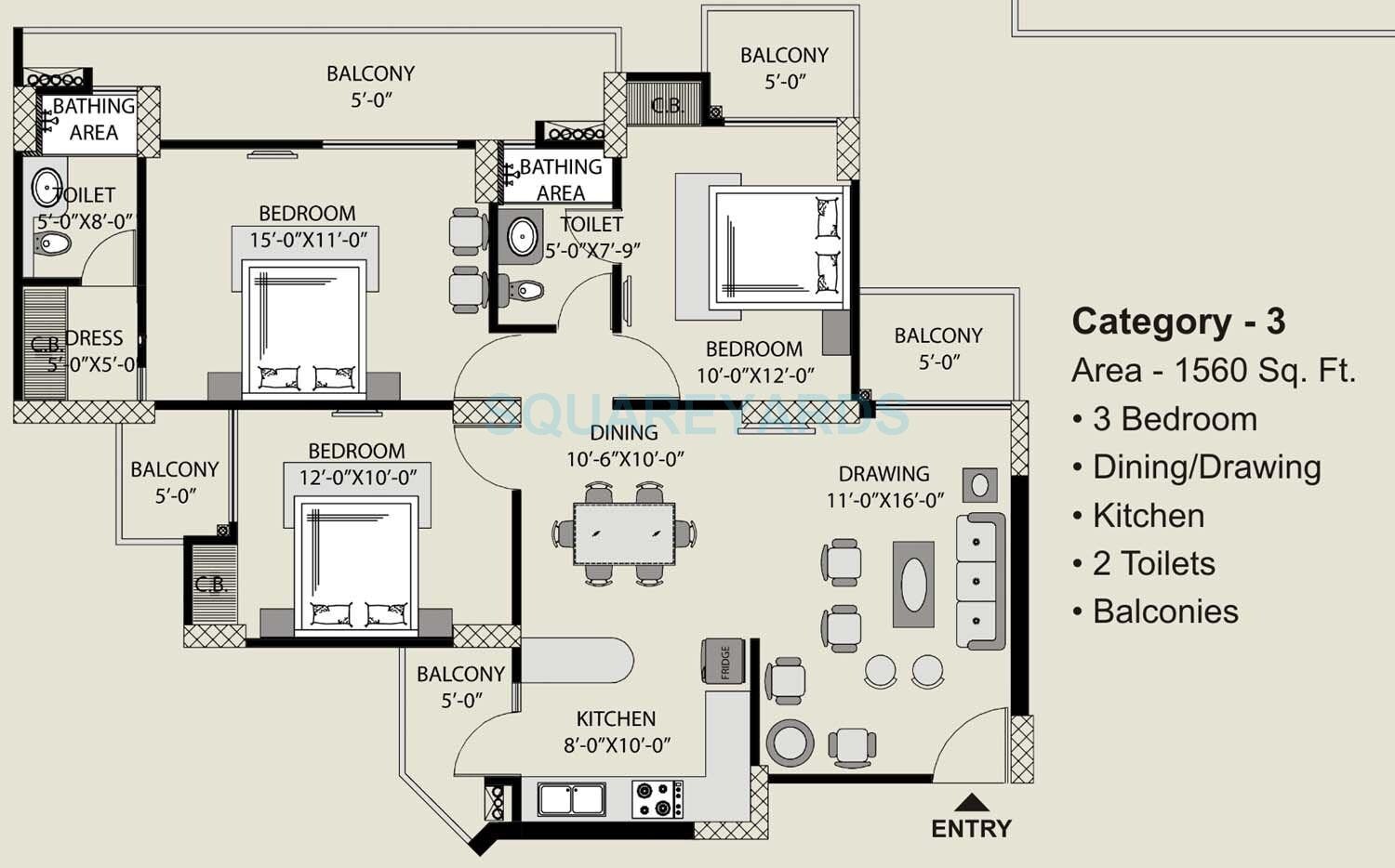 Floor plan of 3 BHK 1560 Sq. Ft. Apartment in Exotica Fresco, Noida