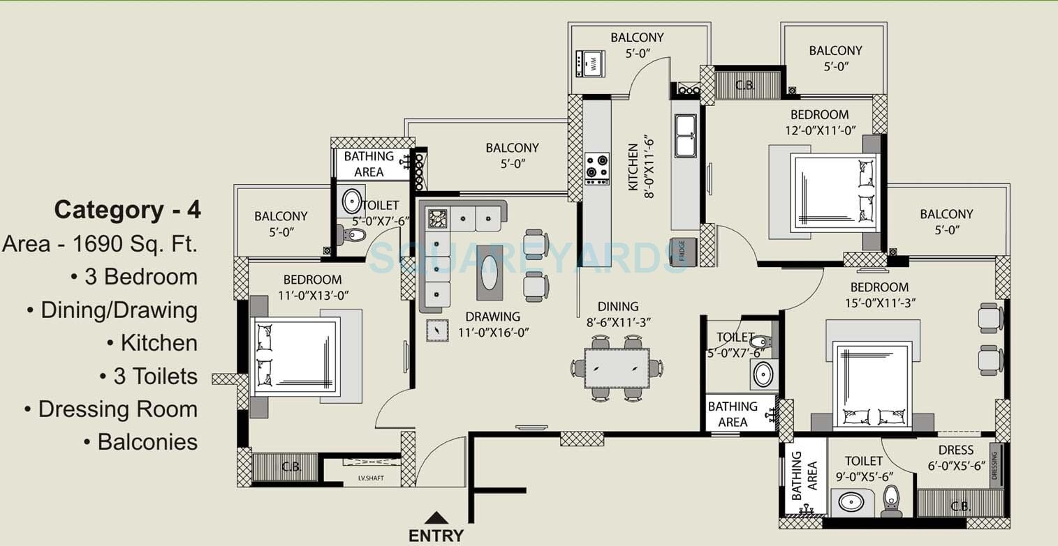 Floor plan of 3 BHK 1690 Sq. Ft. Apartment in Exotica Fresco, Noida