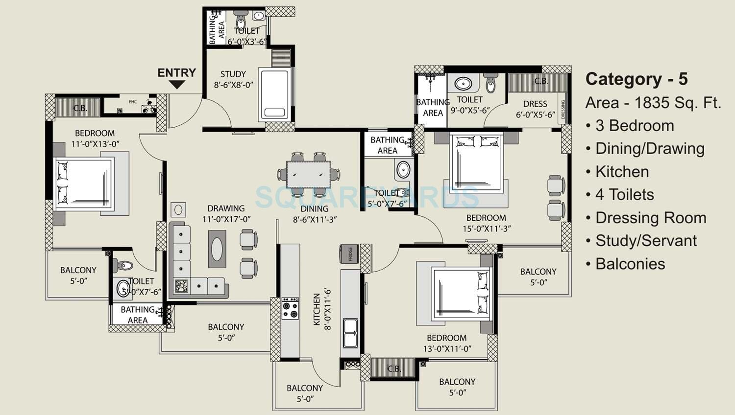 Floor plan of 3 BHK 1835 Sq. Ft. Apartment in Exotica Fresco, Noida