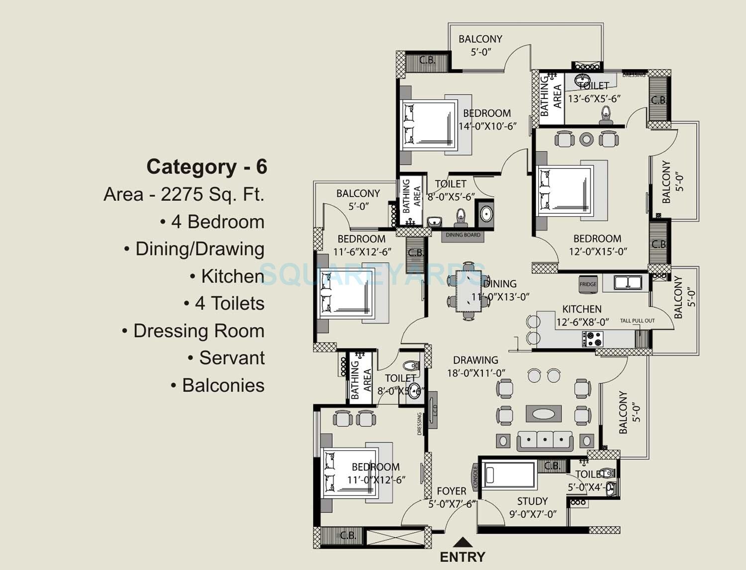 Floor plan of 4 BHK 2275 Sq. Ft. Apartment in Exotica Fresco, Noida