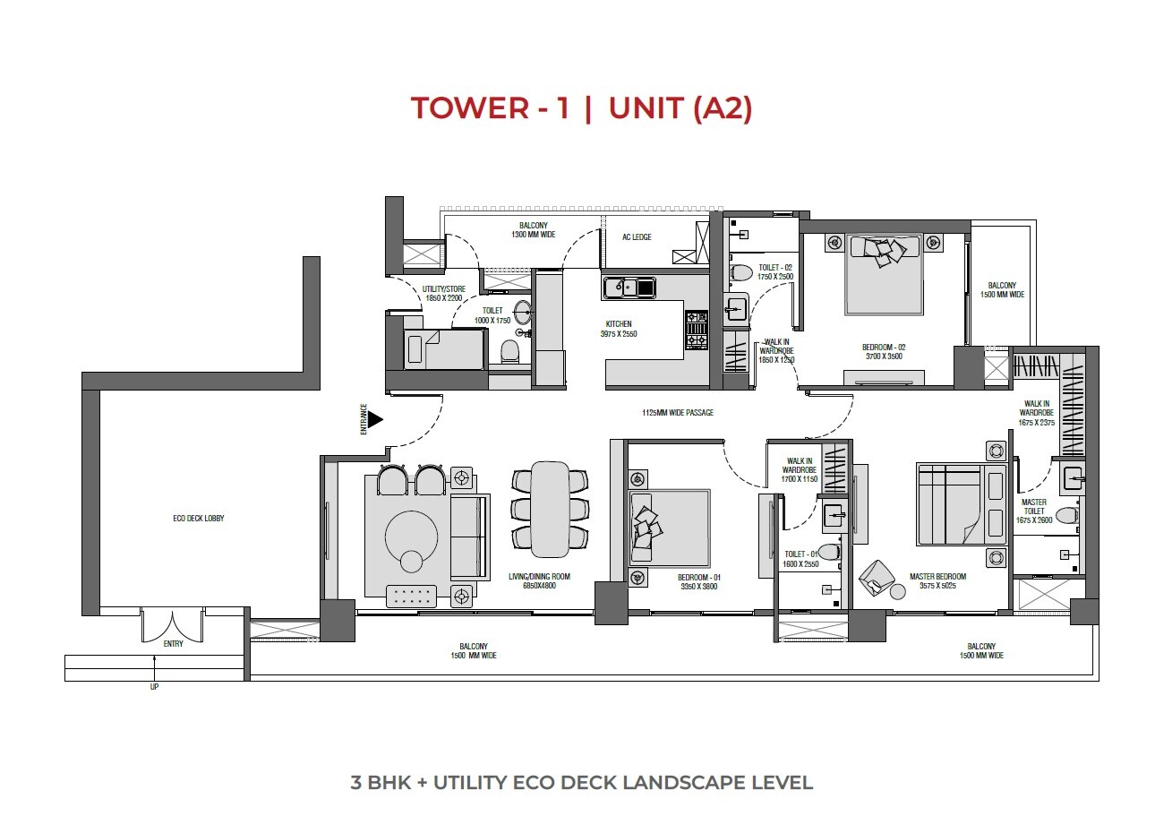 Floor plan of 3 BHK 2100 Sq. Ft. Apartment in Experion Saatori, Noida