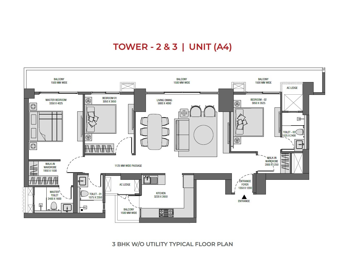 Floor plan of 3 BHK 2600 Sq. Ft. Apartment in Experion Saatori, Noida