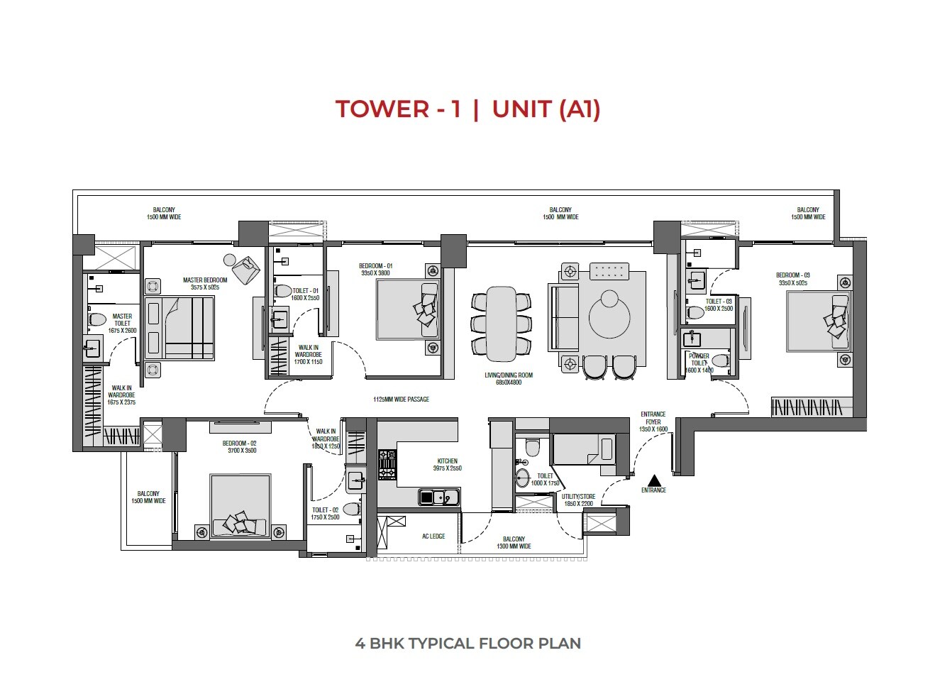 Floor plan of 4 BHK 3200 Sq. Ft. Apartment in Experion Saatori, Noida
