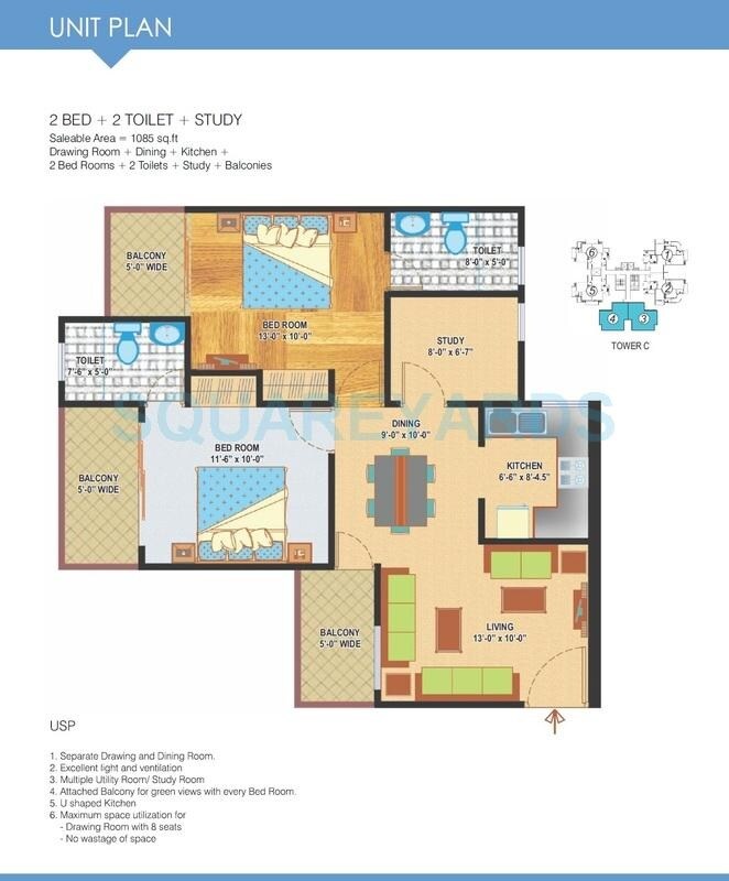 Floor plan of 2 BHK 1085 Sq. Ft. Apartment in Express Zenith, Noida