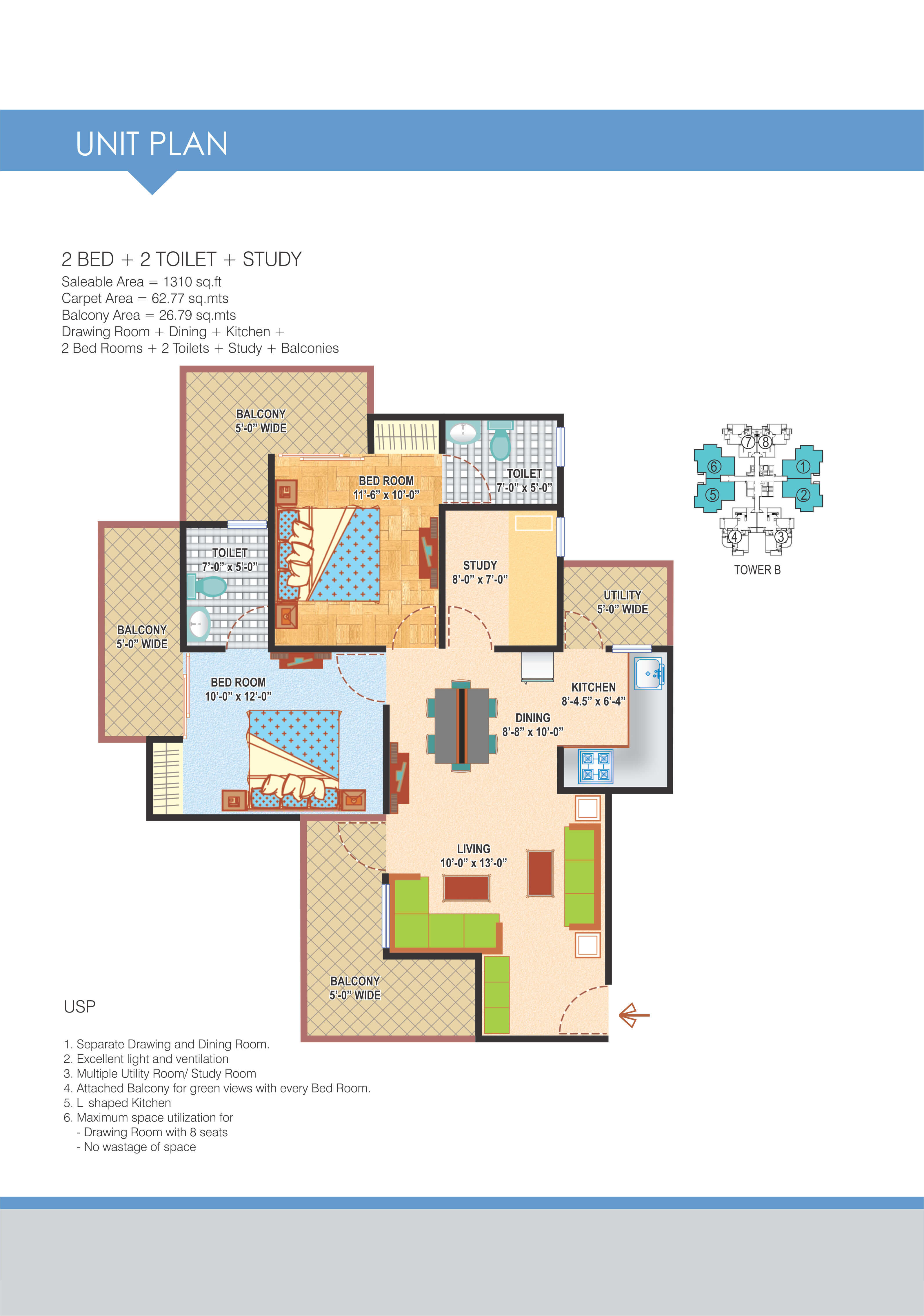 Floor plan of 2 BHK 1310 Sq. Ft. Apartment in Express Zenith, Noida