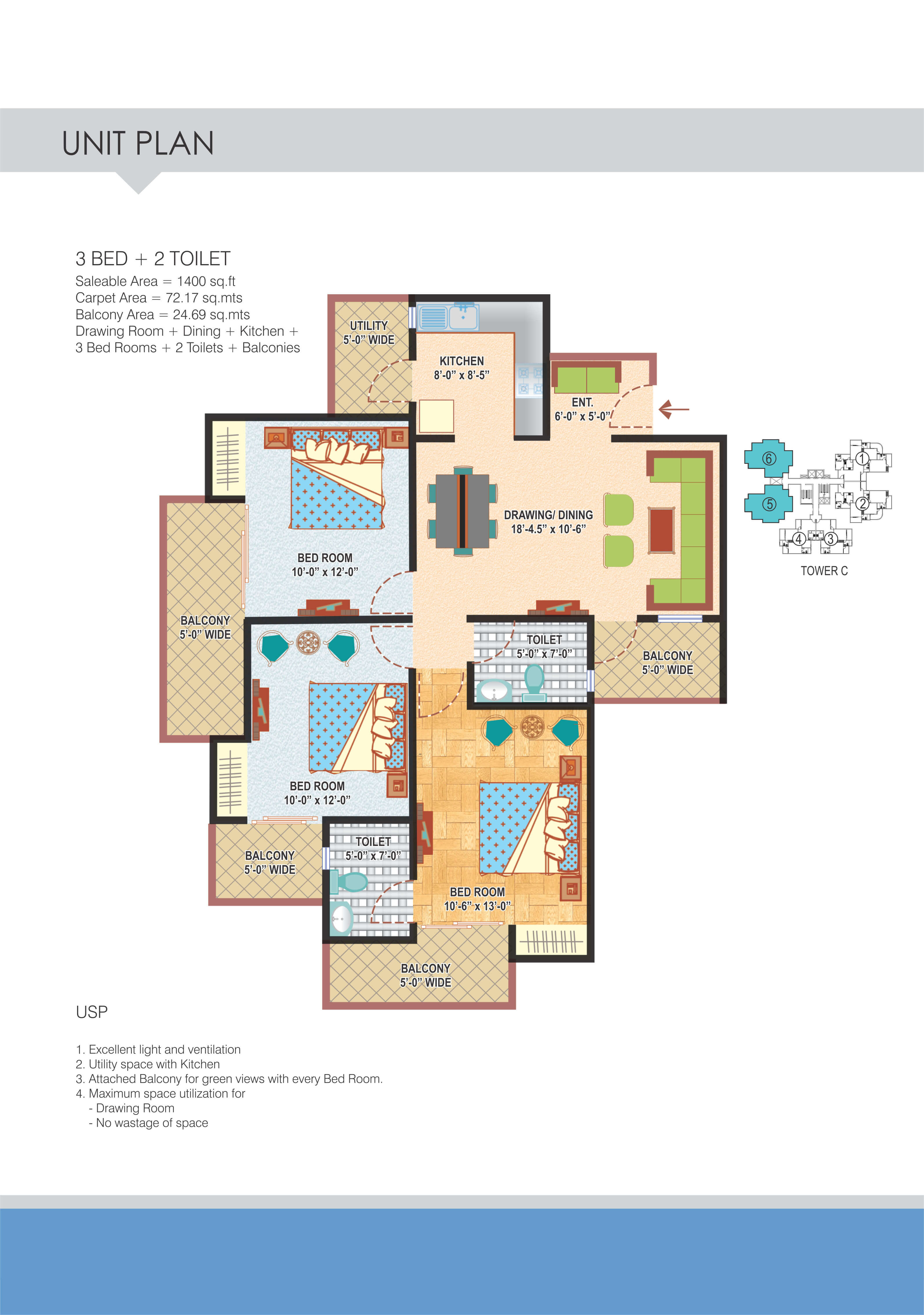 Floor plan of 3 BHK 1400 Sq. Ft. Apartment in Express Zenith, Noida