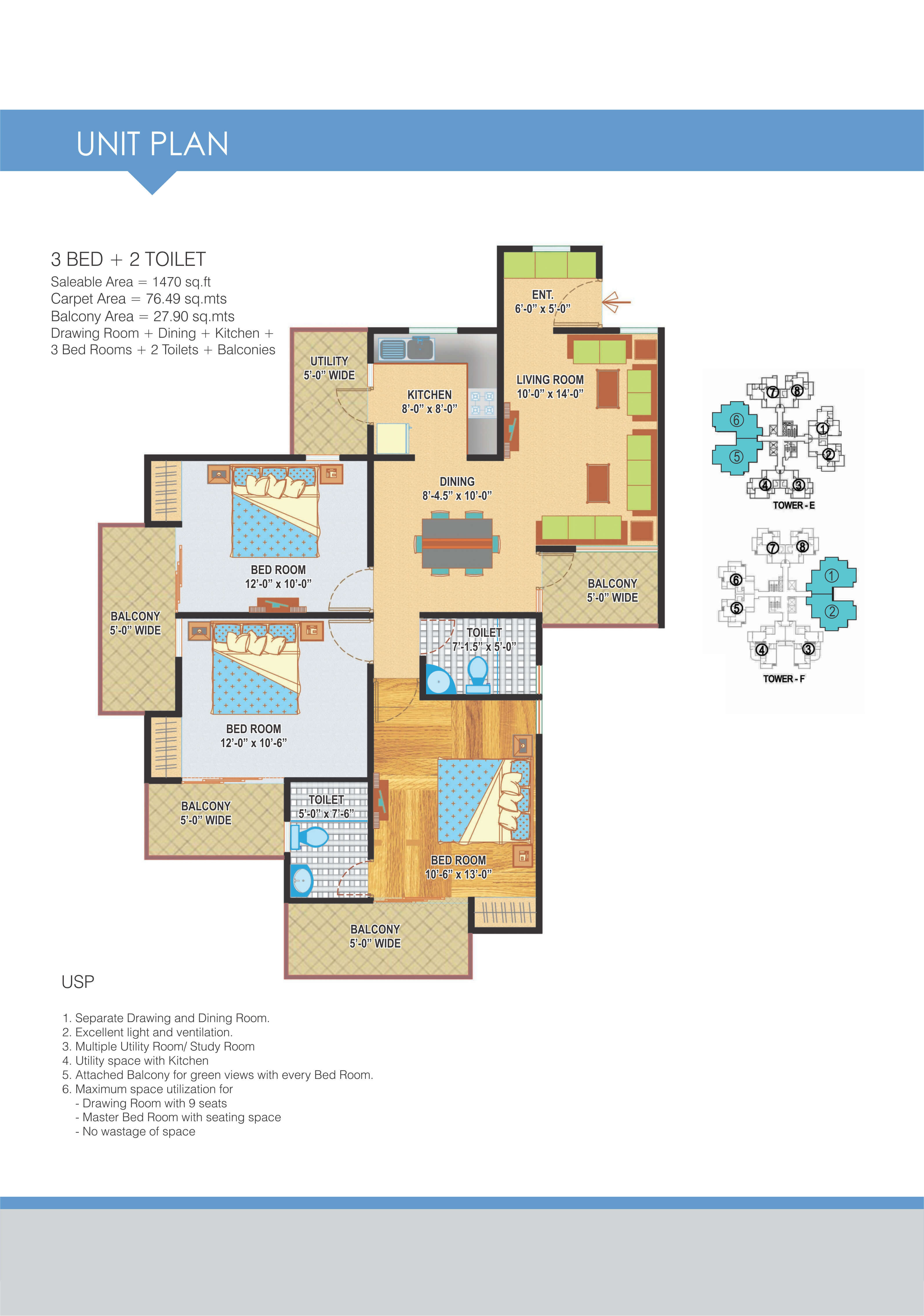 Floor plan of 3 BHK 1470 Sq. Ft. Apartment in Express Zenith, Noida