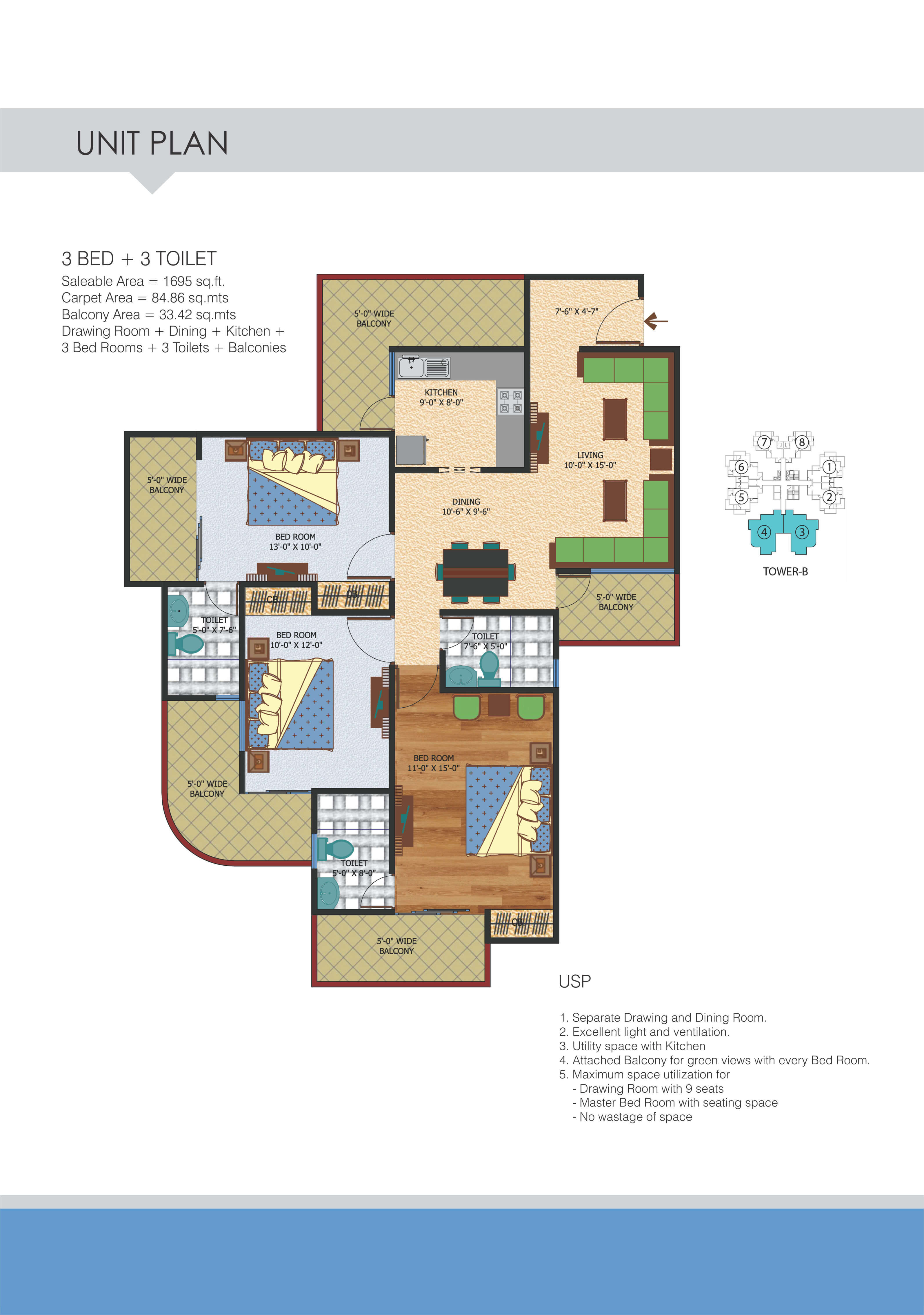 Floor plan of 3 BHK 1695 Sq. Ft. Apartment in Express Zenith, Noida