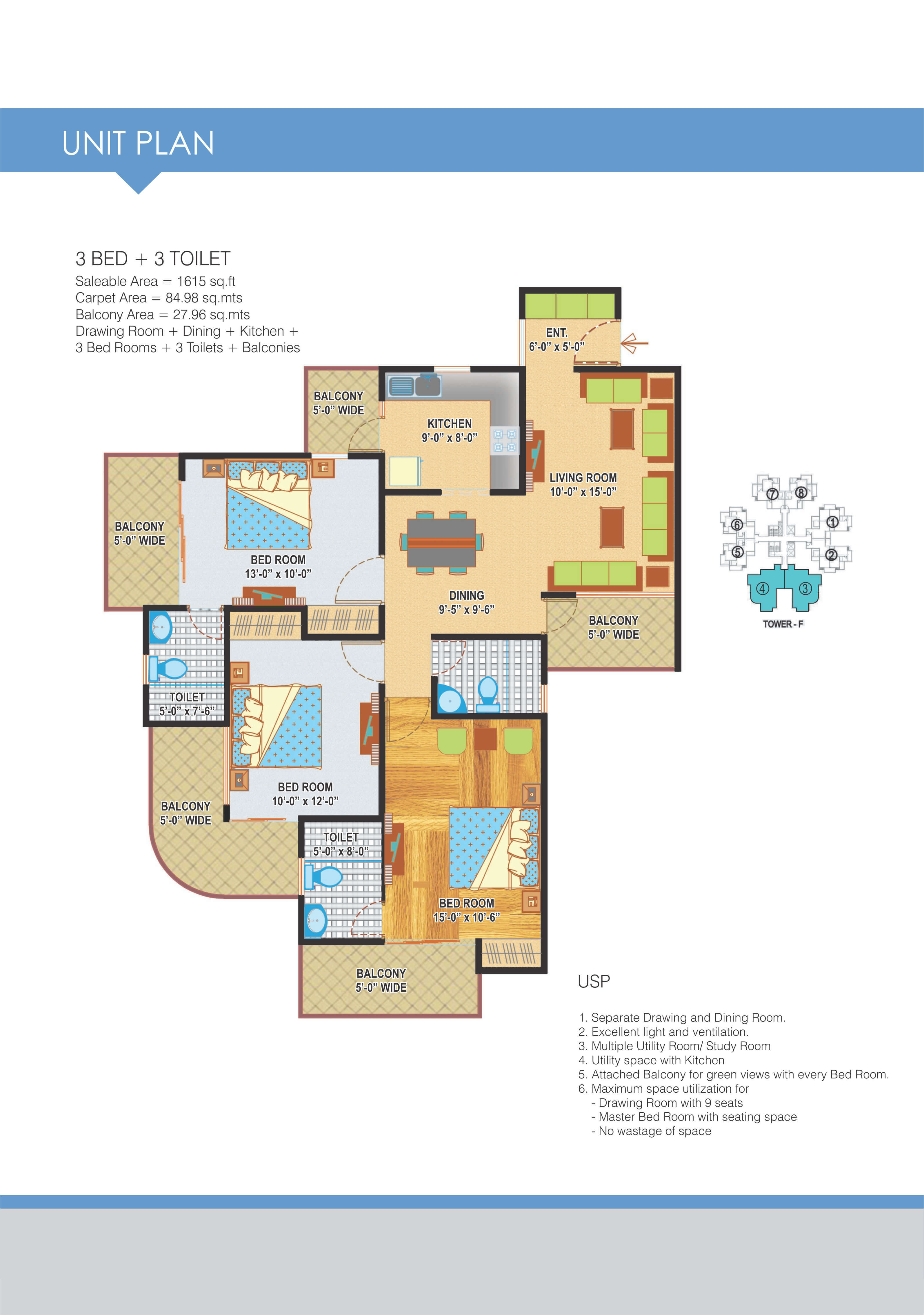 Floor plan of 3 BHK 1615 Sq. Ft. Apartment in Express Zenith, Noida