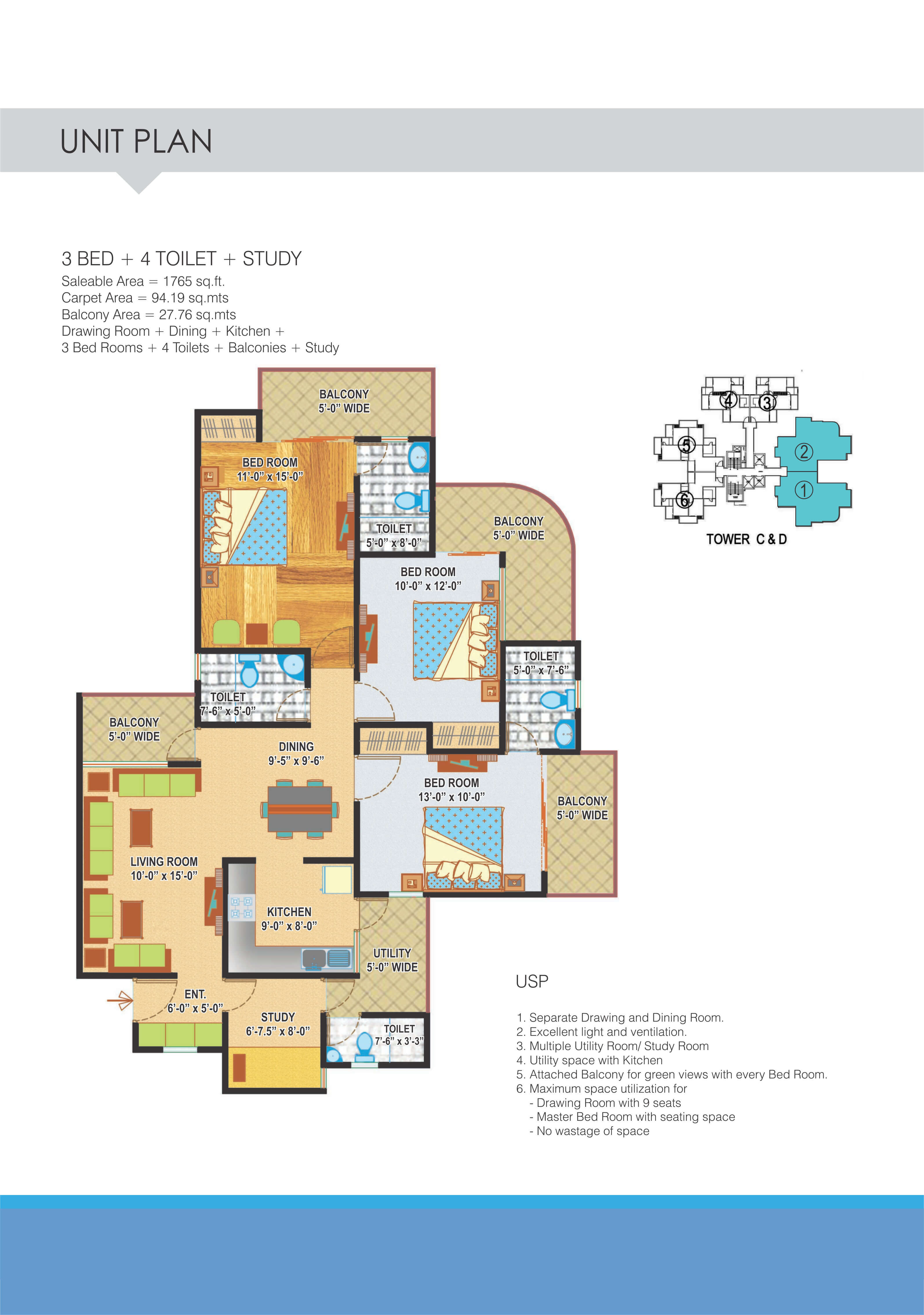 Floor plan of 3 BHK 1765 Sq. Ft. Apartment in Express Zenith, Noida