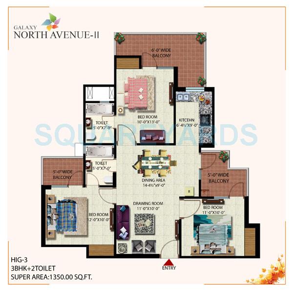 galaxy north avenue ll apartment 3bhk 1350sqft 1