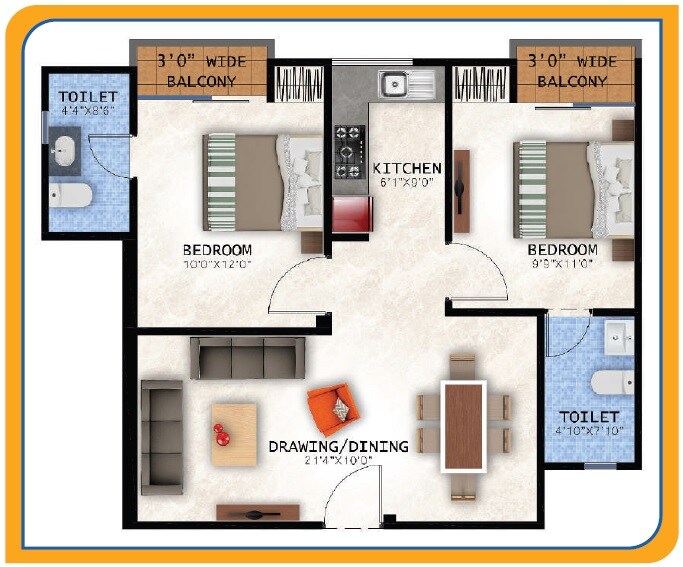 Floor plan of 2 BHK Apartment - 1045 sq. ft. in Galaxy One Apartments, Noida