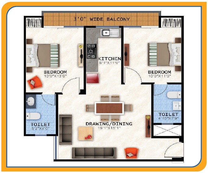 Floor plan of 2 BHK Apartment - 950 sq. ft. in Galaxy One Apartments, Noida