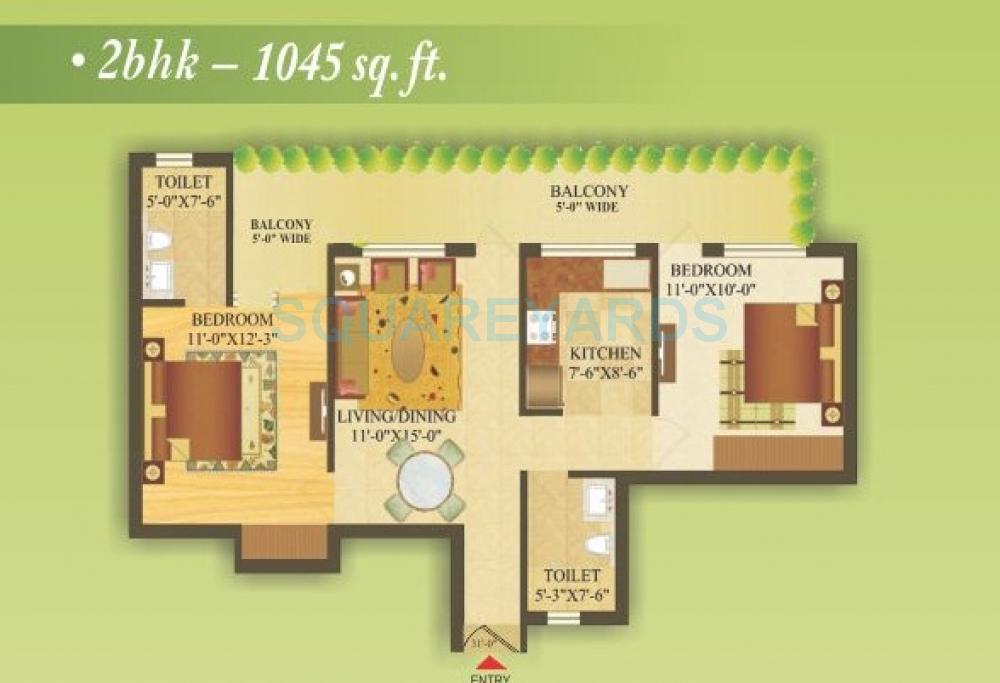 Floor plan of 2 BHK 1045 Sq. Ft. Apartment in Gardenia Gateway, Noida