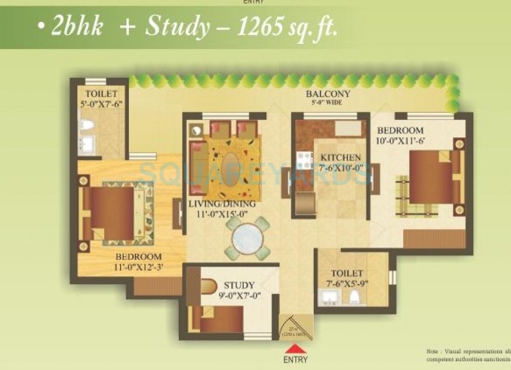 Floor plan of 2 BHK 1265 Sq. Ft. Apartment in Gardenia Gateway, Noida