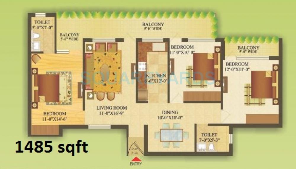 Floor plan of 3 BHK 1485 Sq. Ft. Apartment in Gardenia Gateway, Noida