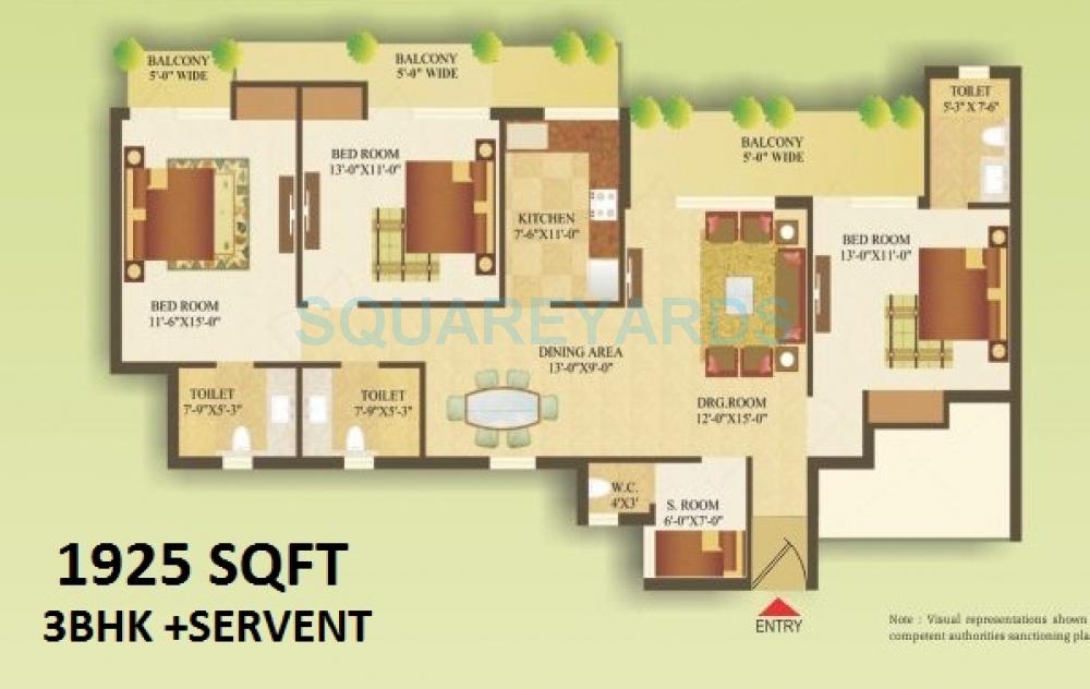 Floor plan of 3 BHK 1925 Sq. Ft. Apartment in Gardenia Gateway, Noida
