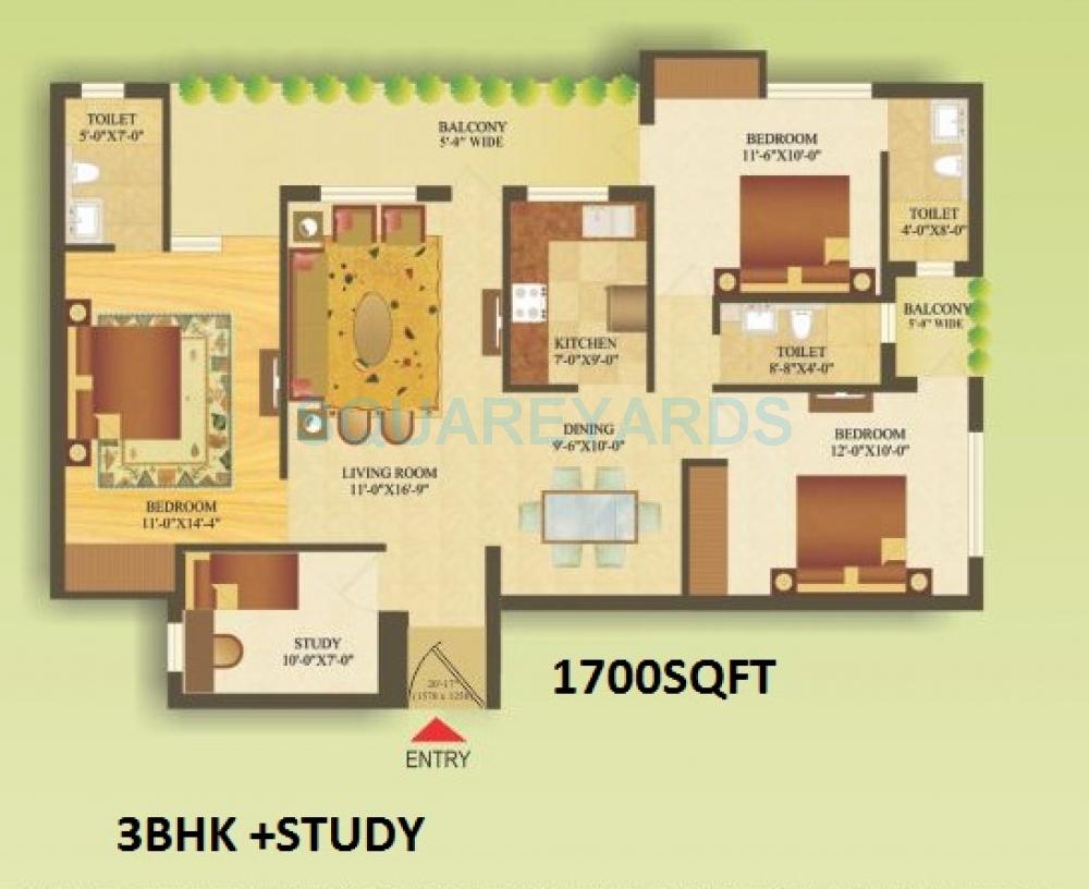 Floor plan of 3 BHK 1700 Sq. Ft. Apartment in Gardenia Gateway, Noida