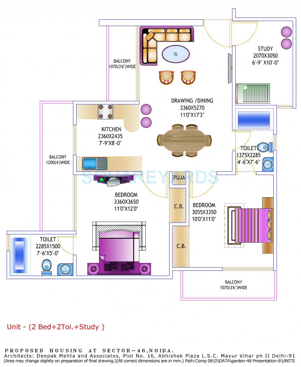 Floor plan of 2 BHK 1150 Sq. Ft. Apartment in Gardenia Glory, Noida